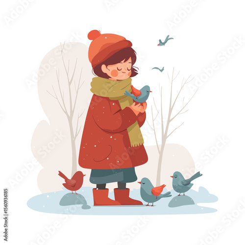 Child in red winter coat feeding birds in snow in soft flat vector SVG on transparent background for kindness education, Christmas storybooks and seasonal mental health content
