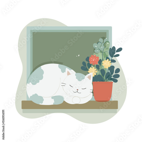 White cat sleeping next to flower pot in flat vector SVG with transparent background for cozy home décor, pet care blogs and minimal lifestyle illustrations in muted green tones