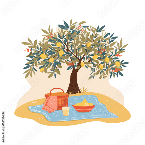 Mediterranean lemon tree with picnic blanket and fruit bowl in earthy flat vector SVG on transparent background for food guides, botanical themes, and eco lifestyle visuals