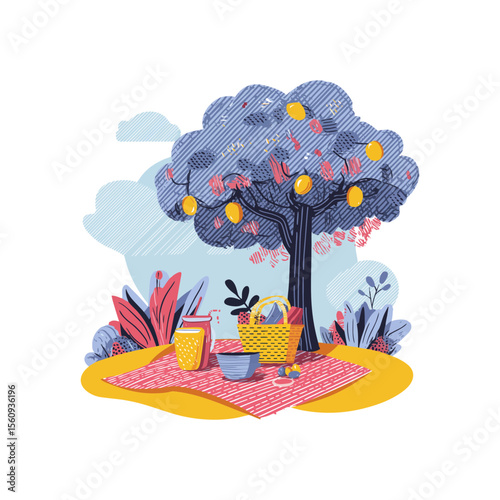 Colorful summer picnic under lemon tree in crosshatch flat vector SVG on transparent background for food blogs, travel posters, and citrus-inspired seasonal content