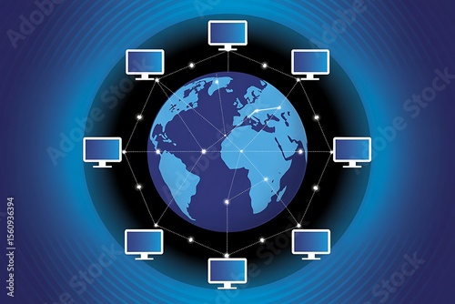 Illustration of a world globe surrounded by computers connected with dotted lines