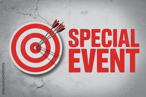 A target with three arrows in the center and the words special event in red letters