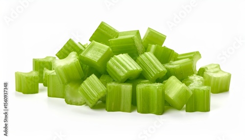 Pile of Freshly Cut Celery Cubes on a White Background, Ready for Snacking