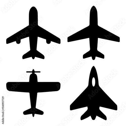 Airplane Silhouettes Top View Icons of Jet, Propeller, and Fighter Aircraft