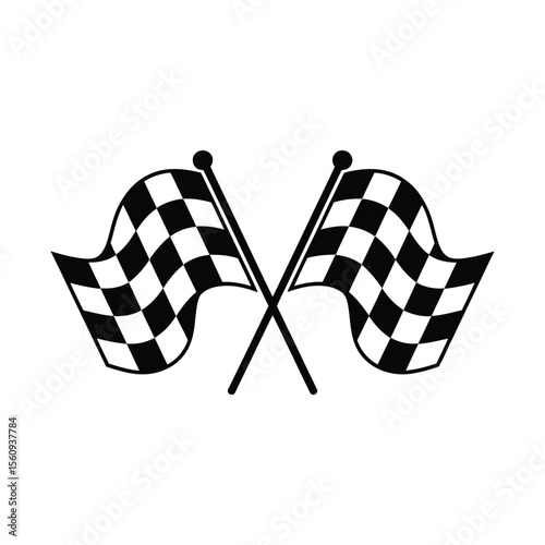 Two crossed black and white checkered racing flags on white background