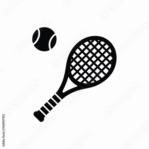 Black and white icon of a tennis racket and ball on a white background