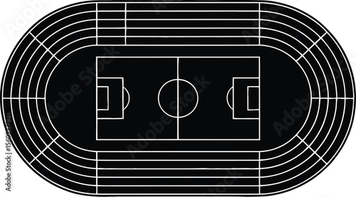 Top view black silhouette of a soccer field with running track lanes