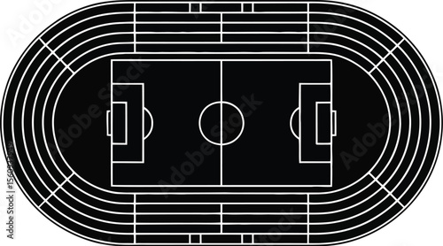 Top view illustration of a black and white athletic stadium with a soccer field and running track