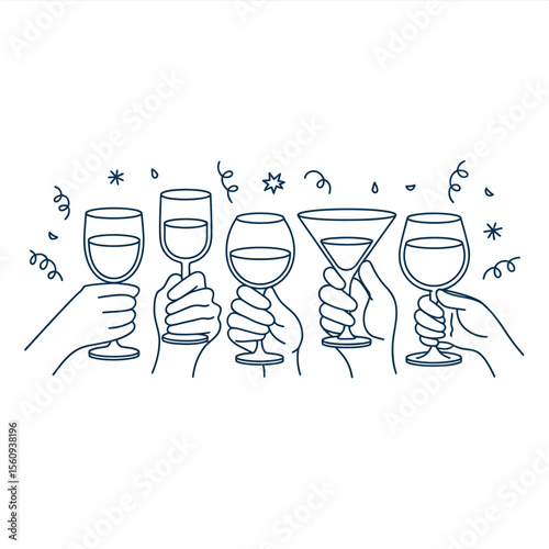 Celebration toast with wine and martini glasses held by hands with confetti