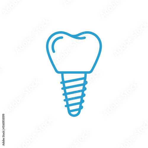 Simple blue line icon of a dental implant with a tooth crown on a white background