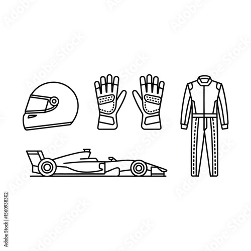 Formula one racing gear and car icon set on white background