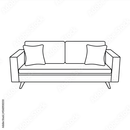 Simple black and white line drawing of a modern two seater sofa with cushions