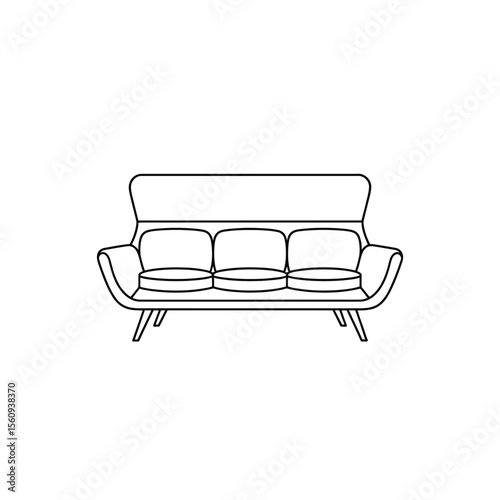 Simple outline drawing of a modern three seater sofa with tapered legs