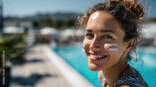 Cheerful woman enjoying summer by the pool with sunscreen stripes on her cheeks and forehead