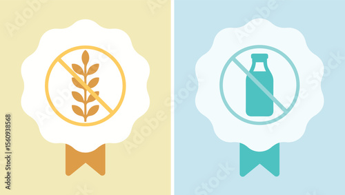Food, drink, lactose free, gluten free, healthy, intolerance, zero wheat, diet, nutrition, product, plant-based milk. Label, industry, tag, packaging, sticker, product. Set, vector, icon