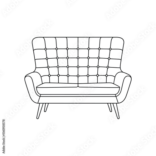 Elegant outline drawing of a classic tufted two seater sofa with tapered legs