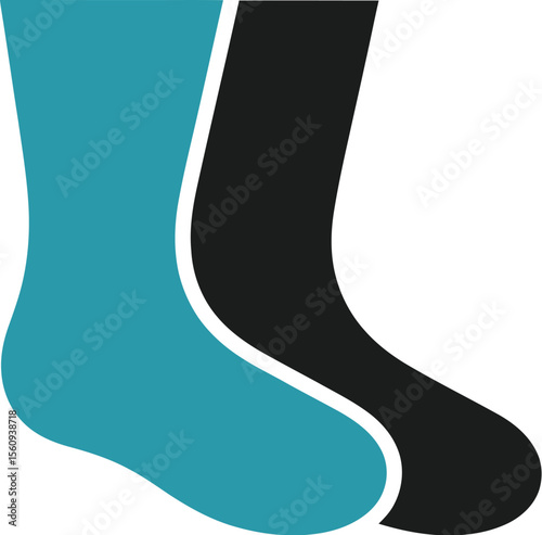 Two socks one teal and one black side by side on a white background