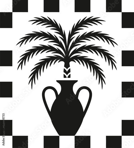 Stylized silhouette of a palm tree in an ancient amphora vase framed by squares