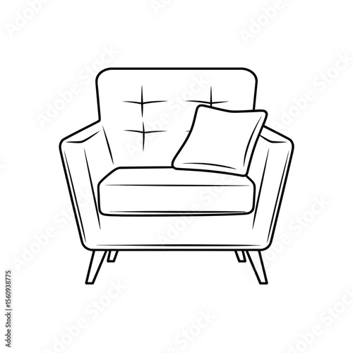 Minimalist line art drawing of a comfortable armchair with a throw pillow