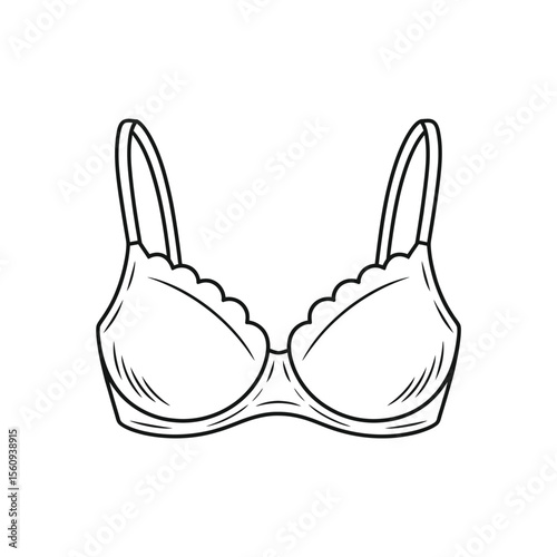 Simple outline drawing of a padded bra with scalloped edges and adjustable straps