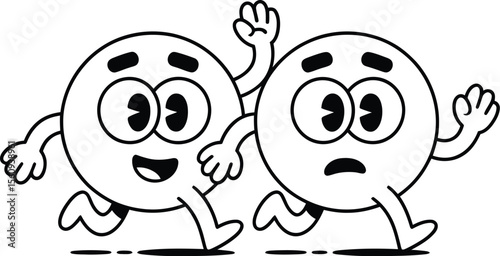 Two cartoon circles with faces running one happy and one scared
