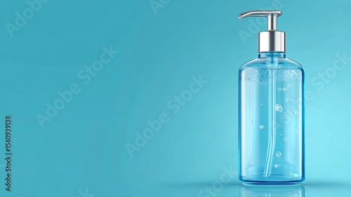 Clear blue pump bottle with bubbles on a smooth blue background ideal for skincare or hygiene products