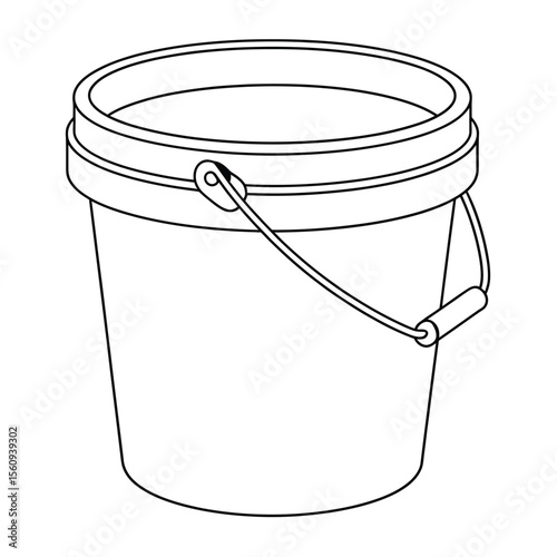 Simple black and white line drawing of an empty bucket with a metal handle