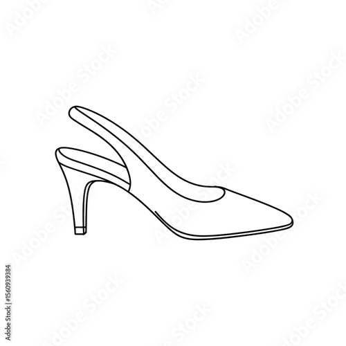 Elegant black and white line art drawing of a classic slingback high heel shoe