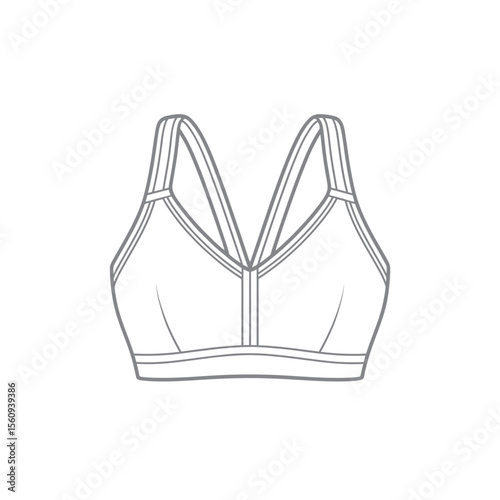 Line drawing of a modern sports bra with crisscross straps and a front seam
