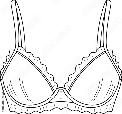 Simple line drawing of a delicate lace trimmed bra with adjustable straps