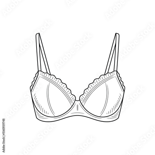 Elegant black and white line drawing of a classic bra with delicate lace trim
