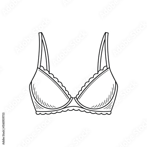 Simple line drawing of a black and white outline bra with scalloped edges