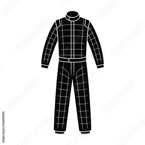 Black and white illustration of a racing suit with a checkered pattern