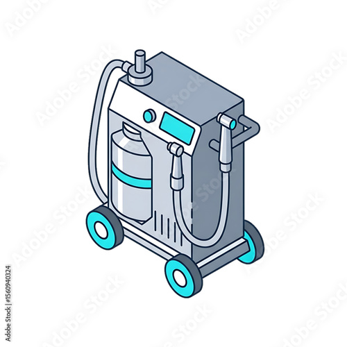 Oxygen concentrator machine on wheels for patient mobility.