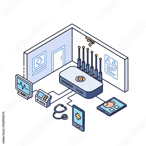 Medical control room setup with screens and devices.