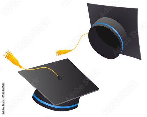Two Black Graduation Caps with Gold and Blue Accents Isolated
