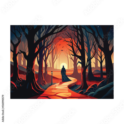 Tropical summer holiday illustration of a woman doing yoga on the beach at sunset, with a cat on the roof overlooking the sea and sky