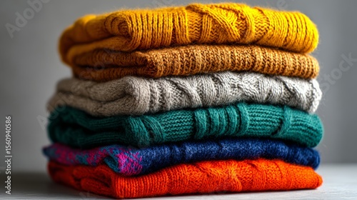Cozy knitted sweaters stacked neatly in warm autumn colors on a wooden surface