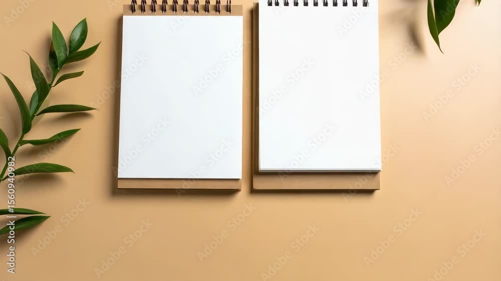 Two spiral bound notebooks with blank pages displayed on a light brown surface accompanied by vibrant green foliage accents.