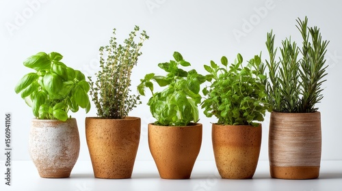 Fresh herbs arranged in terracotta pots showcasing natural greenery in a bright setting