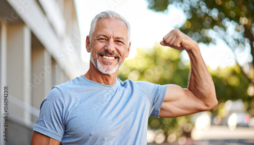 Strong, healthy older man showing off bicep muscles with a happy expression, embracing fitness and an active lifestyle.
