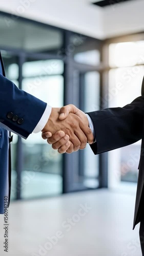 Businessmen handshake in modern office to seal a deal, symbolize partnership, cooperation, and trust in professional setting.