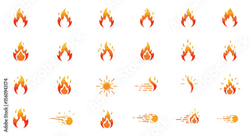 Collection of twenty different flame designs with varying shapes and motion effects shown