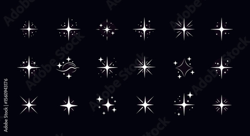 Collection of white starbursts and star shapes on a black background in a grid layout