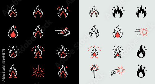 Illustration showing various fire icons on a split black and white background surface