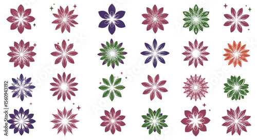 A collection of twenty four stylized floral designs in various colors and arrangements