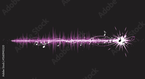 Illustration of a pink sound wave with musical notes and a burst on a black background
