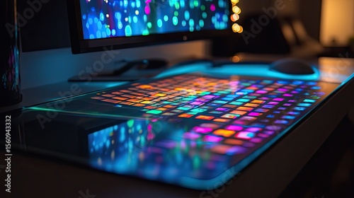 Colorful illuminated keyboard on a glass desk surface.