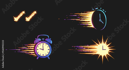 Illustration showing two check marks and three different clock designs in motion effect