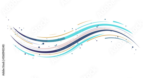 Abstract wavy lines in shades of blue and gold with scattered dots on white background